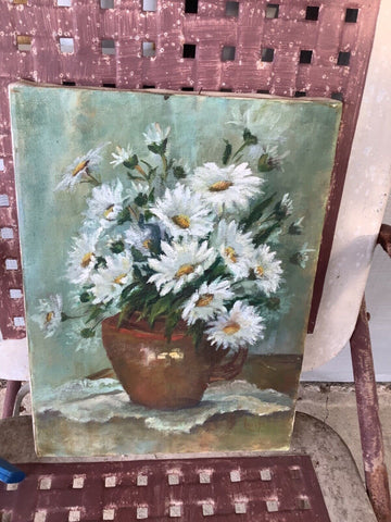 Vintage canvas Flower Floral Oil Painting Daisies Signed Painting