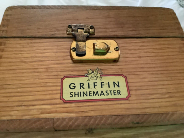 Vtg  wood Griffin  Shinemaster Shoe Shine Wooden Box chest  Brush  & Polishes