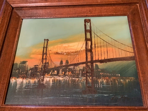 Vtg Framed Modernist New York Brooklyn Bridge Oil Painting Skyline Mid Century