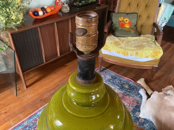 Large Vintage MCM mud century modern Olive Green Ginger Jar Style Ceramic Lamp