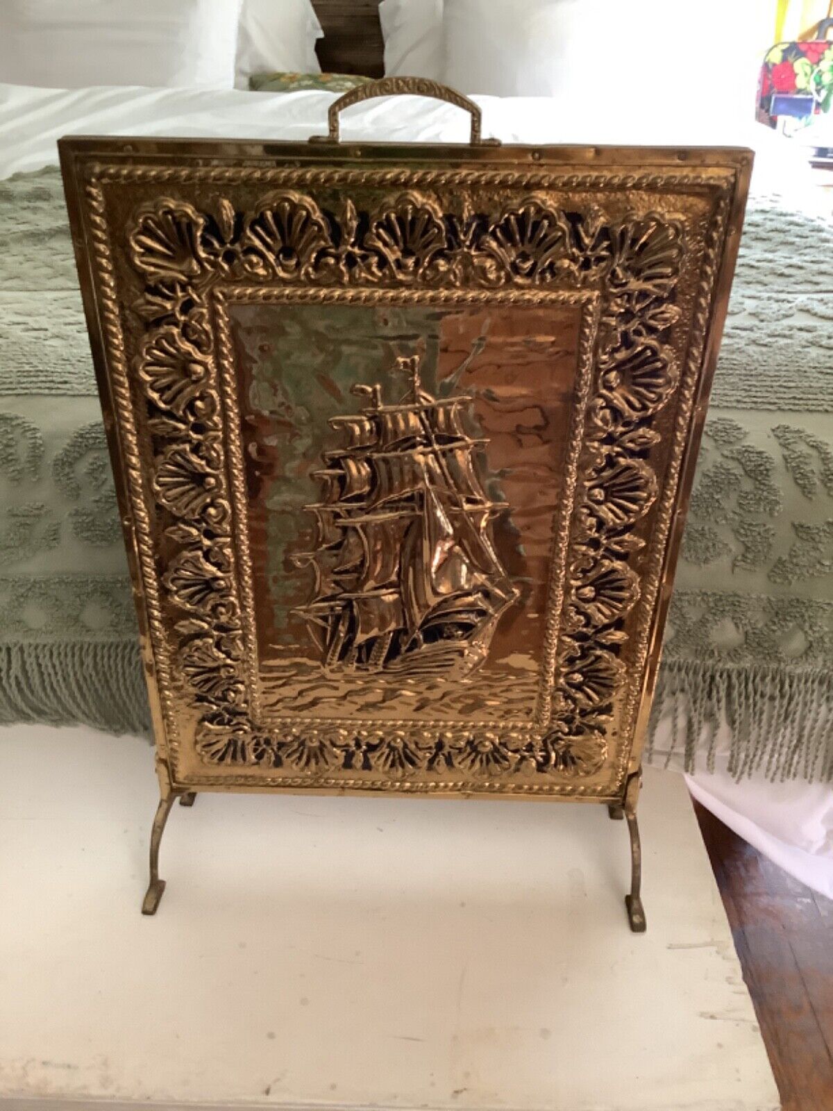 Vintage Fireplace Screen Brass Copper metal  Nautical Ship Stand mcm