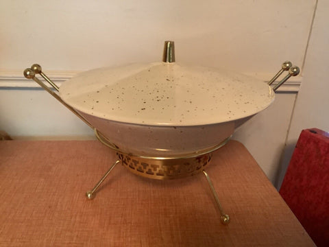 MID CENTURY MODERN GOLD SPECK BUFFET CHAFING DISH WARMING STAND Vtg atomic