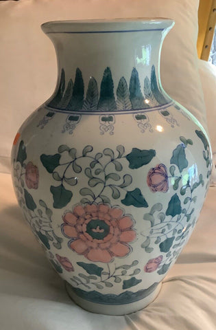 Vtg Asian  Chinoiserie Vase in Pink and Green Vine Floral Grandmillenial  Shabby