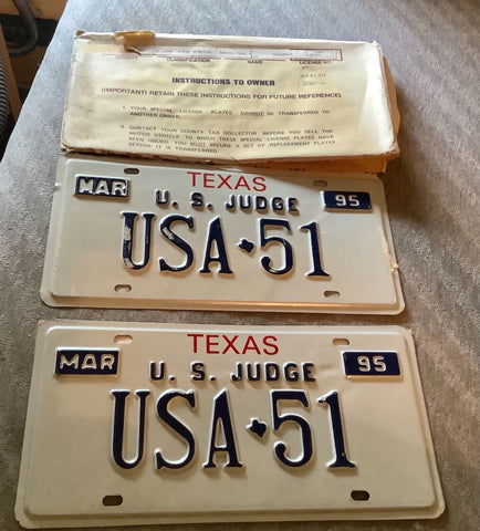 Vtg 1995 Texas STATE U.S. official JUDGE license plates USA 51 NOS PAIR