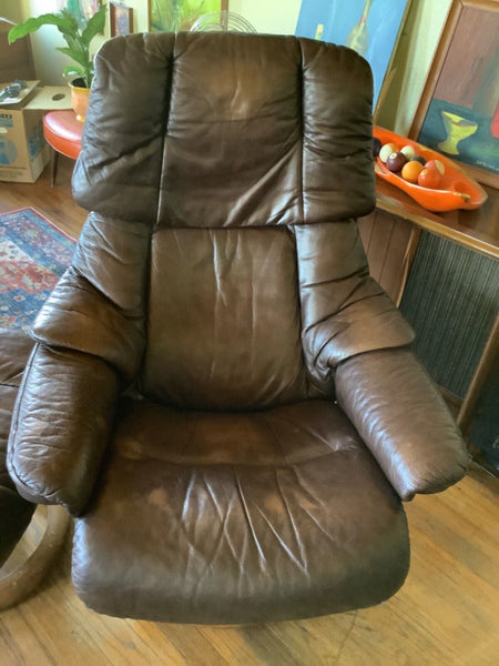 Ekornes Stressless "Chocolate" Leather Recliner Chair and Ottoman LARGE Reno