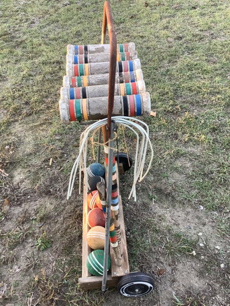 Vintage Forster Croquet Set 6 Player with Wheeled Rolling Cart  caddy Stand Game