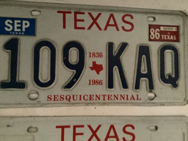Old Texas License Plate 109 KAQ Sesquicentennial 1836-1986 Embossed Vintage