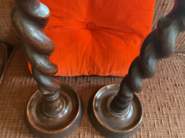 Antique/Vintage Pair of Oak Barley Twist Candlesticks candle holders