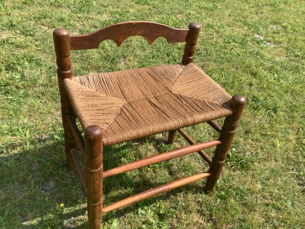 Vintage Antique Wood Colonial Shaker Woven Rush Seat Ottoman  Foot Stool