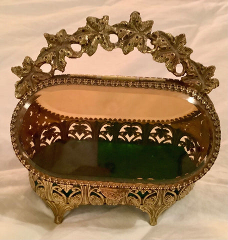 VTG Jewelry Casket Beveled Glass Gilt Ormolu Filigree Trinket Box Vanity Display