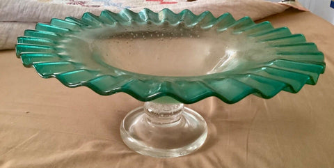 Vintage Hand Blown Glass Green Pedestal Bowl with Bubbles and Crimped or Ruffled