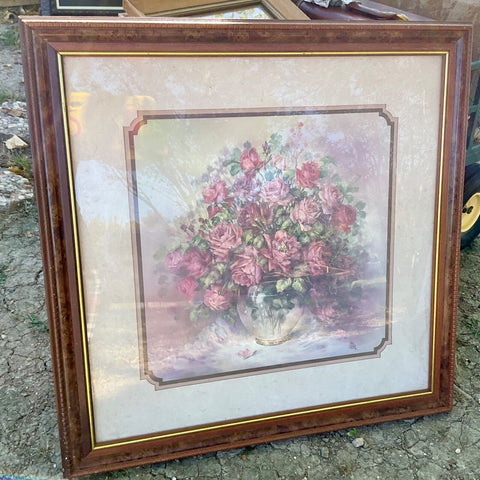 Julia Crainer Pink roses floral print signed frame vintage wood  framed