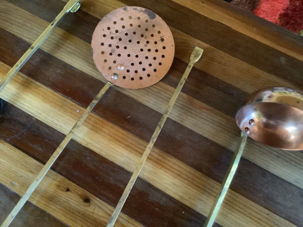 VINTAGE 4 PIECE COPPER & BRASS KITCHEN UTENSILs SET ladle spoon fork spatula