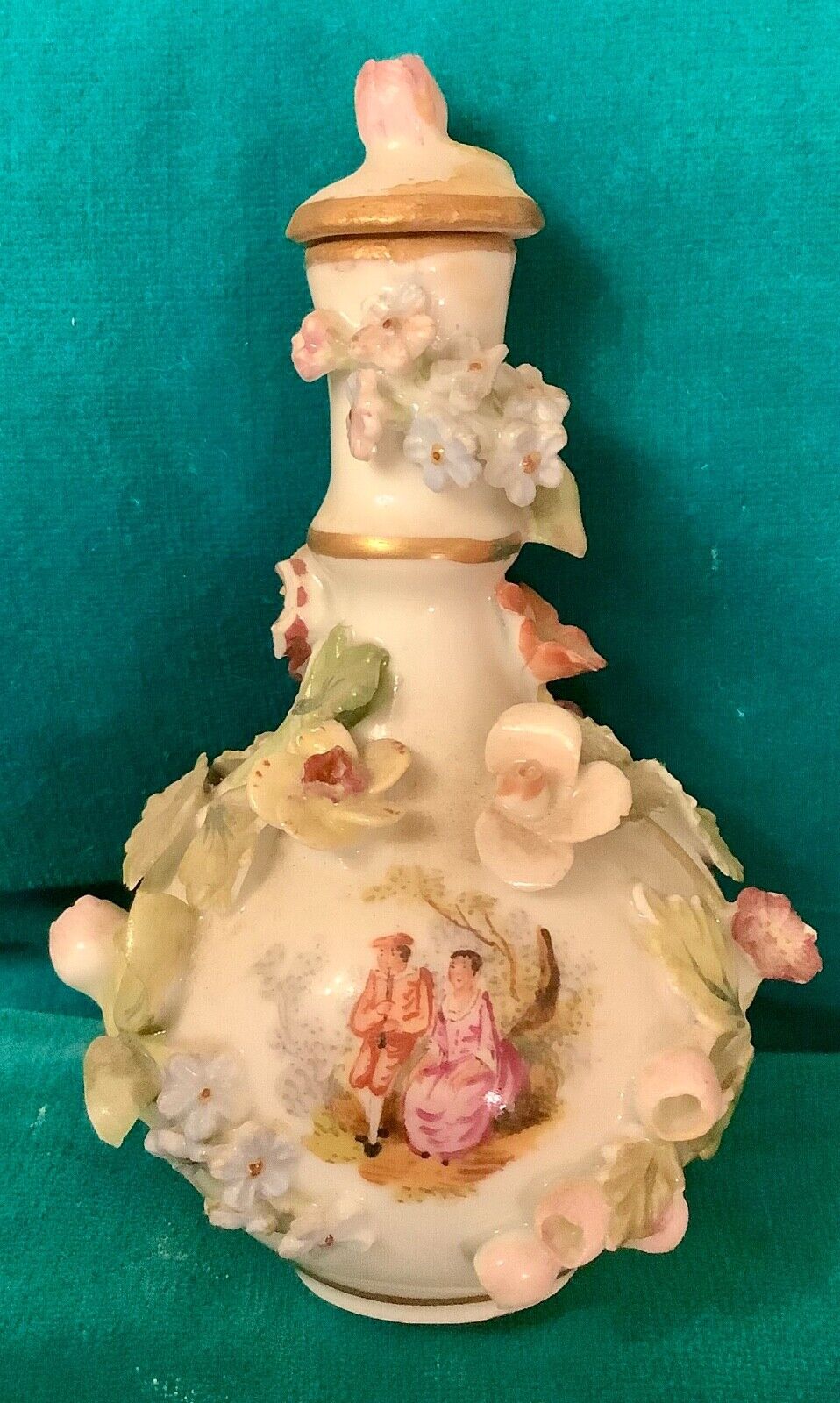 Antique Dresden Potschappel Porcelain Miniature  Encrusted Perfume Bottle