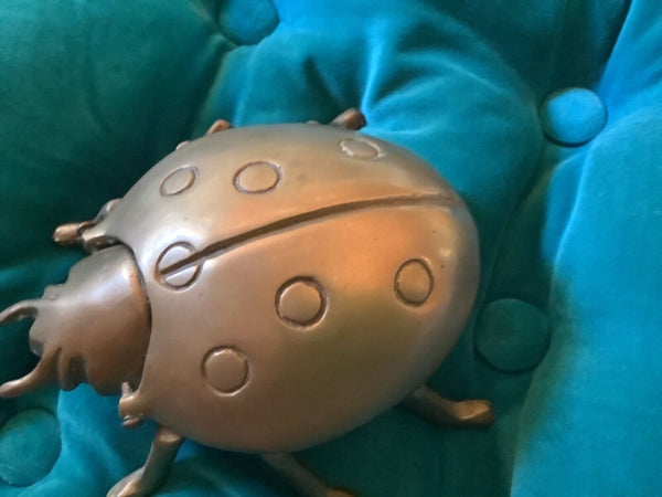 Vintage Brass Ashtray trinket box Scarab Ladybug Beetle Bug Hinged Lidded Heavy