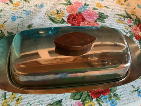 Dolphin Mid-century Modern Stainless Steel Butter Dish with Wood Knob Japan