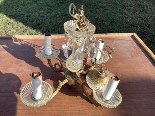 Vtg PETITE Brass & Crystals glass  prisms Chandelier 4 Lights Arms fixture