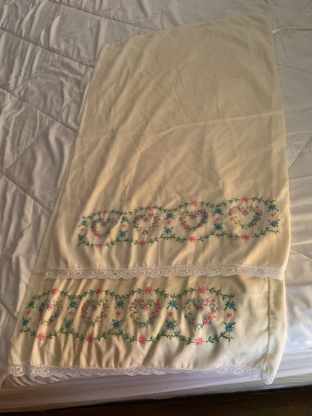 Vintage pair Embroidered Cross Stitch Pillow Cases floral Flowers