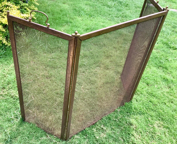 Vintage Trifold Fireplace Screen hammered brass copper mesh folding