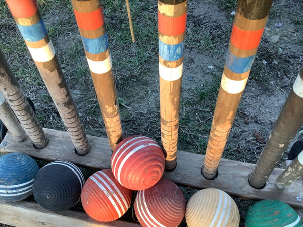 Vintage Forster Croquet Set 6 Player with Wheeled Rolling Cart  caddy Stand Game