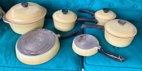 Vtg Club Aluminum Cookware 10 pc Set of Pots Pans Dutch Oven w/Lids yellow gold