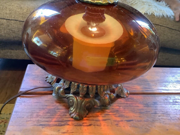 Vtg Mid Century modern mcm retro Amber 3 Way glass Globe Table desk Lamp shade