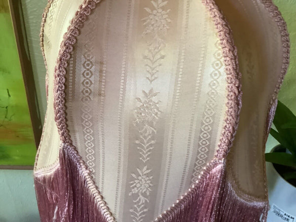 Vtg pink brocade fabric  Fringe table floor lamp Victorian Shade