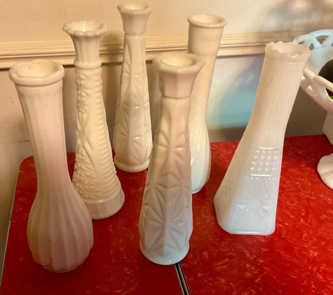 Lot of  6 Vtg Anchor Hocking Milk Glass 6” Stars and Bars Wedding Bud Vases