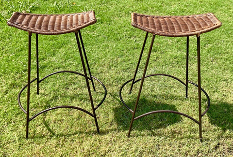 Vtg pair Arthur Umanoff Bar Stools Mid Century Modern Wrought Iron Wicker Boho