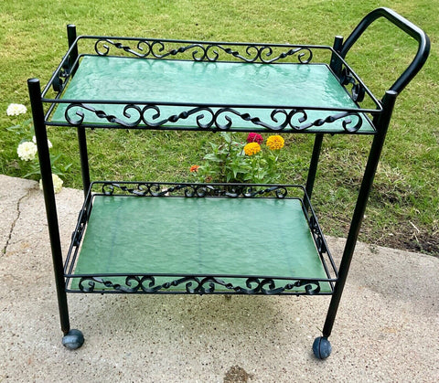 Vintage Scrolled  Vine Wrought Iron Garden Bar Cart mid century modern mcm