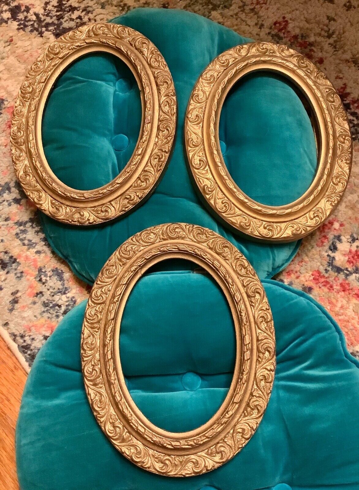 Vintage Oval Antiqued Gold Carved Wood Resin Ornate Frames lot 3