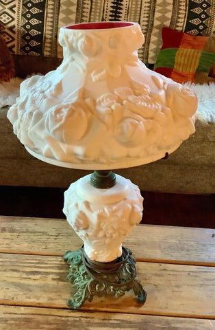 Vtg  Fenton Case Glass Puffy Rose Pink Gone with the Wind Table Lamp 1950s shade