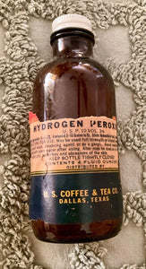 Collectible Vtg Amber Glass Apothecary Hydrogen Peroxide Partial Bottle antique