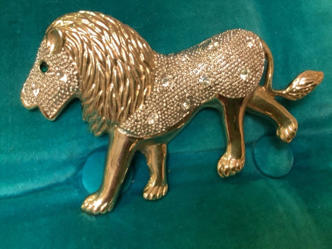 STUNNING VINTAGE ESTATE LARGE RHINESTONE LION TIGER CAT 4 1/4" BROOCH pin gold