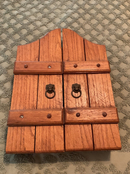 Vtg  Wood Wall Mount Medicine Cabinet chest Cupboard doors lion hardware shelf