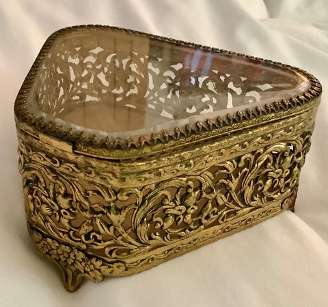Brass Glass Jewelry Trinket Box Vintage Floral Ornate Hinged Legs