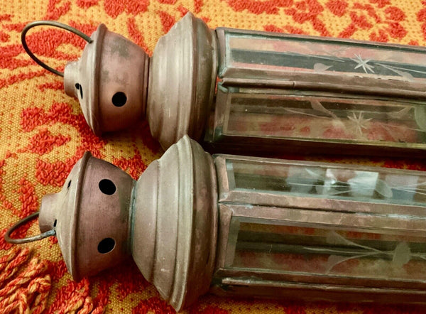 Pair Of Vintage Brass Etched Glass Candle holder Lanterns railroad