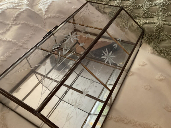 Vtg Mirrored Etched Glass and Brass Curio Cabinet Display Case Shelf  wall