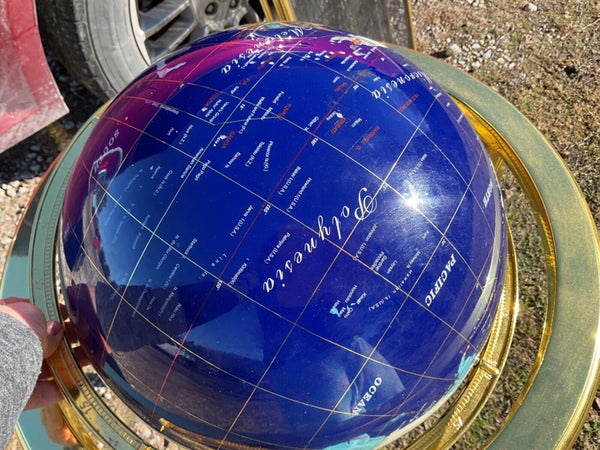 Blue Lapis Floor Standing Gemstone World Globe on brass Tripod Stand w Compass