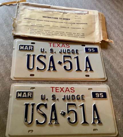 Vtg 1995  Texas STATE U.S. official JUDGE license plates USA 51A NOS PAIR