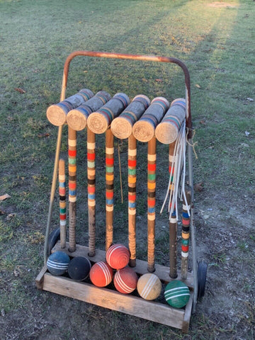 Vintage Forster Croquet Set 6 Player with Wheeled Rolling Cart  caddy Stand Game