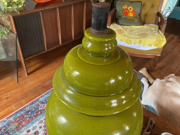 Large Vintage MCM mud century modern Olive Green Ginger Jar Style Ceramic Lamp