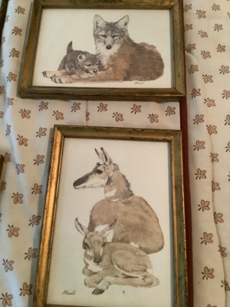 Vintage Lot LK Powell Prints Prairie Dog Sheep lion raccoon fox deer wood Frame