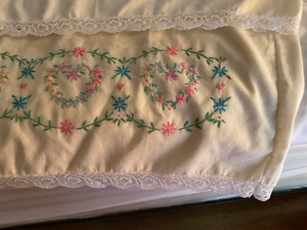 Vintage pair Embroidered Cross Stitch Pillow Cases floral Flowers