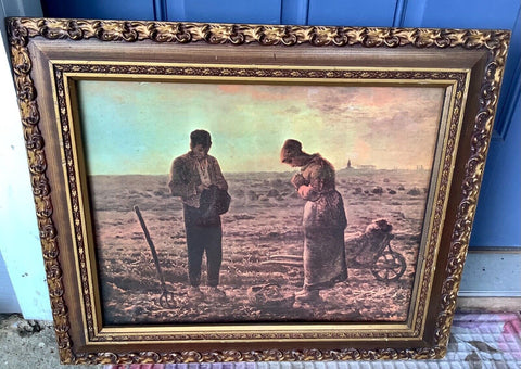 Vtg picture couple woman man praying farm field crops framed wood gesso frame