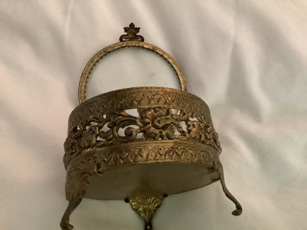 Brass Glass Jewelry Trinket Box Vintage Round Floral Ornate Hinged Legs