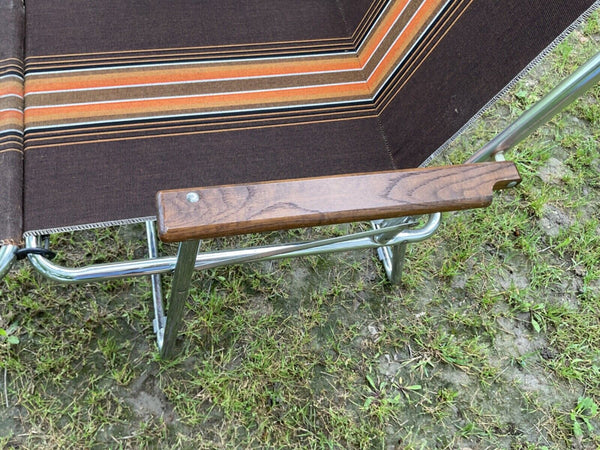 Vintage Zip Dee Brown Stripe Folding Chair Chrome + Wood AIR stream & foot rest