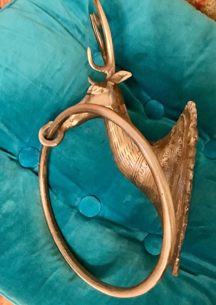 Antique Brass Deer  elk Wall Mounted Hotel Bathroom Towel Ring Holder Rack Vtg