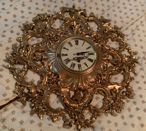 Large Ornate Vintage  mid century Syroco  Quartz Wall Clock Gold works with key