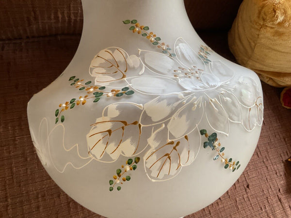 Satin Glass Globe Ball Lamp Shade Hand Painted Flowers Artist Signed 9.5"